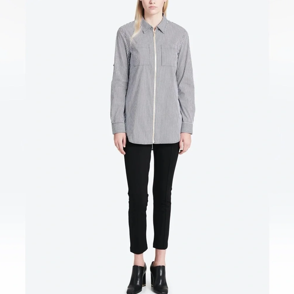 NWOT Calvin Klein Womens Shirt Blouse Top Striped Cotton Zip Front Pockets - Picture 2 of 9